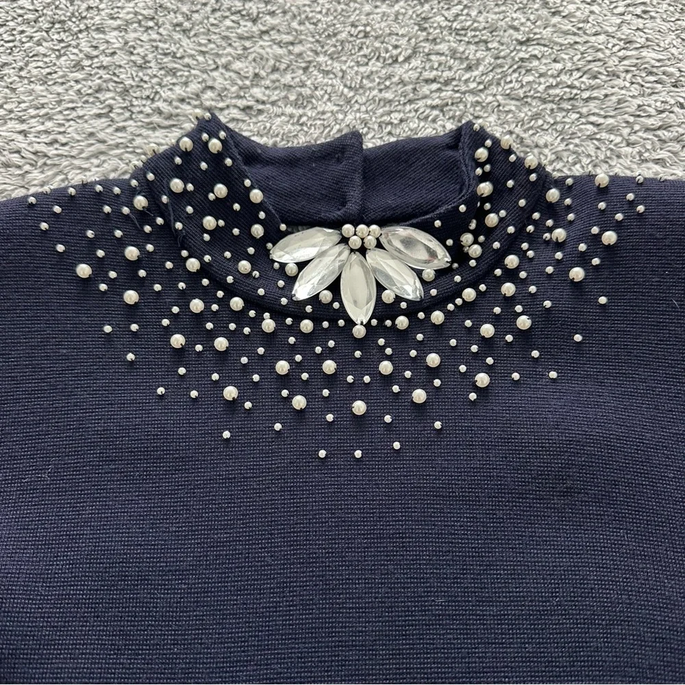 OUTLANDER Pearl & Jewel Trim Knit Dress Sz M Navy V-Back Long Sleeve